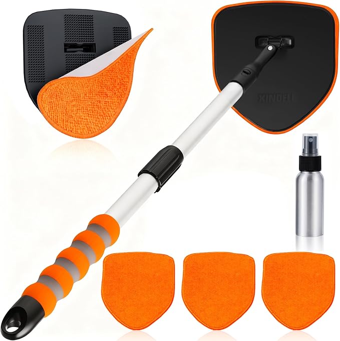 XINDELL Interior Windshield Cleaner Tool, Car Window Cleaning Kit with 4 Reusable Microfiber Pads, Extendable Handle & 360° Rotating Head, Safety Hammer, Streak-Free Auto Glass Wiper for Truck SUV RV