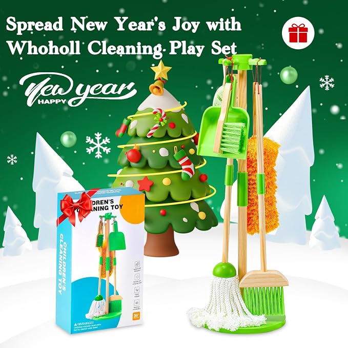 WHOHOLL Wooden Kids Cleaning Set Toddler Broom Set for Housekeeping 8 Pcs Broom and Mop Set for Toddlers 3-6, Cleaning Toys with Dustpan Sponge, Christmas Birthday Gifts for Boys Girls (Green)