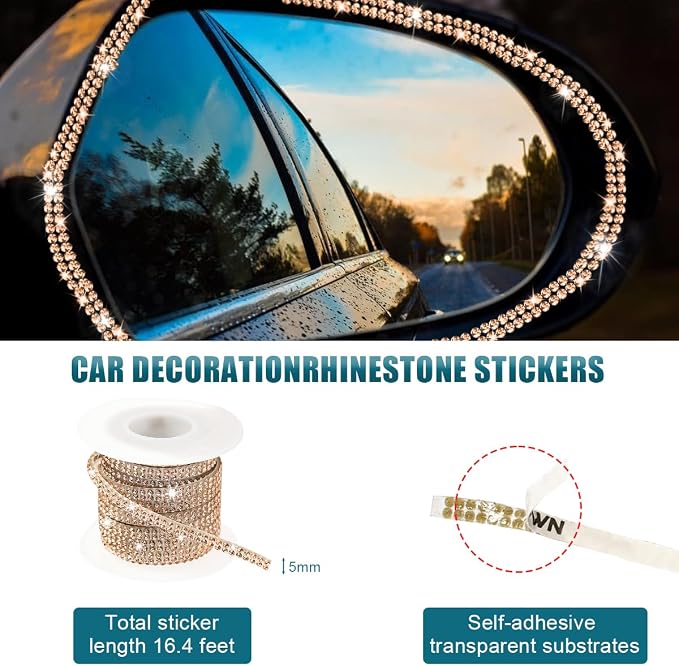 Ohleats Bling Car Trim Self Adhesive, 16.4 Ft Auto Interior Exterior Crystal Rhinestone Decoration Strip Decal, Glitter Trim Strips Line Molding for Dashboard, Car Accessories (Golden)