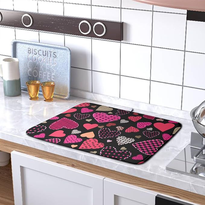 Happy Valentine's Day Kitchen Drying Mats for Dishes 18x24 Inch Love Heart Dish Drying Mat Black Pink Polka Dots Dish Drainer Mat Super Absorbent Dish Rack Pad for Coffee Bar Sinks