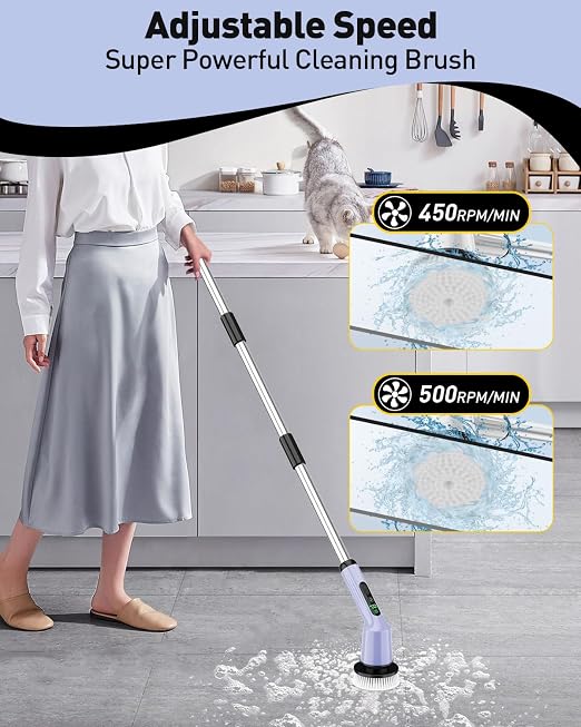 Shower Scrubber with Long Handle, Shower Cleaner Brush with 8 Floor Machine Pads, Cordless Electric Spin Scrubber for Cleaning with 2 Speed, Cleaning Supplies for Bathroom Bathtub Kitchen Floor Toilet