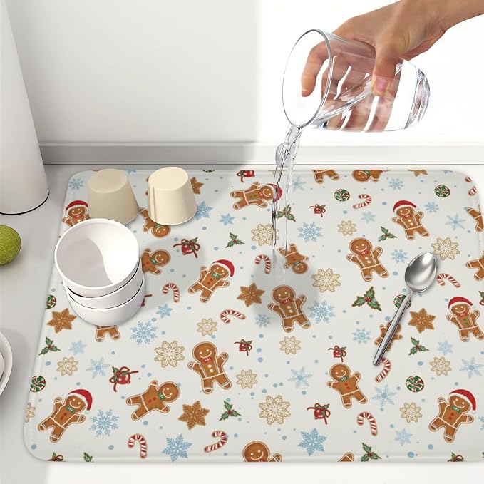 Christmas Gingerbread Man Dish Drying Mat 18x24 Inch Xmas Snowflake | Winter，Polyester，Absorbent Microfiber，for Kitchen Coffee Dining Bar Decor