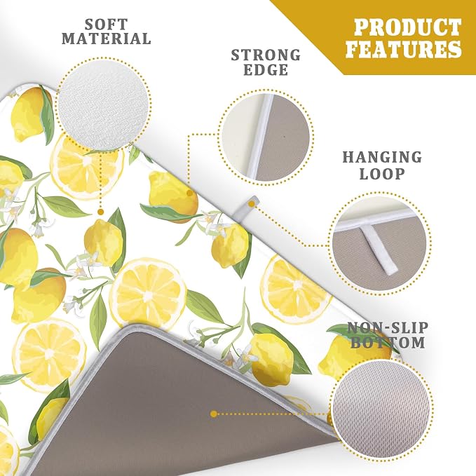Lemon Dish Drying Mat for Kitchen Counter Spring Summer Microfiber Absorbent Dish Draining Reusable Washable Foldable Extra Large 18"x24"