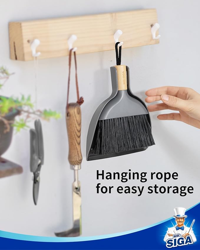 MR.SIGA Mini Dustpan and Brush Set, Bamboo Handle, Gray, 1 Set | Portable cleaning brush and dustpan combo, handheld brush and dustpan combo with hanging loop