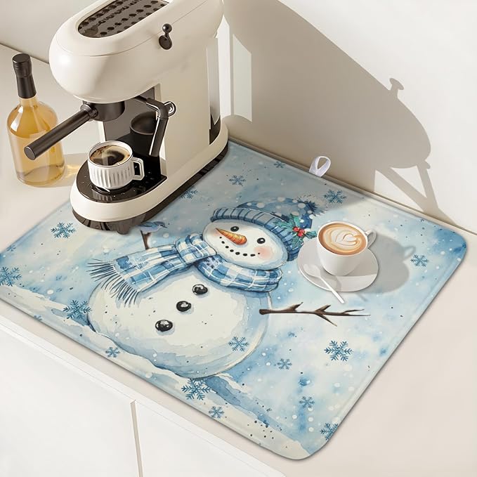 Winter Snowman Dish Drying Mat for Kitchen Counter 16x18 Inch | Blue Christmas Snowflake Snow Scene Dish Drainer Mat Rustic Seasonal Holiday Absorbent Washable Drying Pad