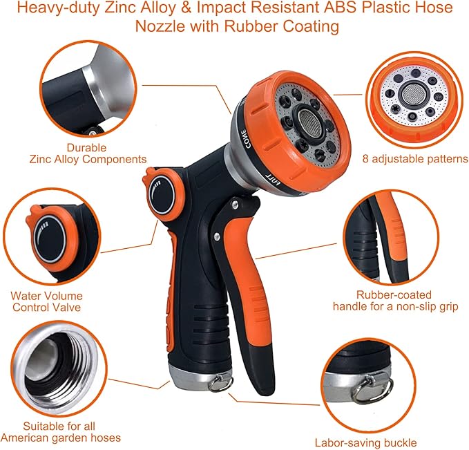 Garden Hose Nozzle Heavy Duty, High Pressure Adjustable 8 Patterns | Metal Water Hose Nozzle Volume Control Valve Attachment Hose Sprayer Nozzle for Outdoor Garden Watering Car Washing
