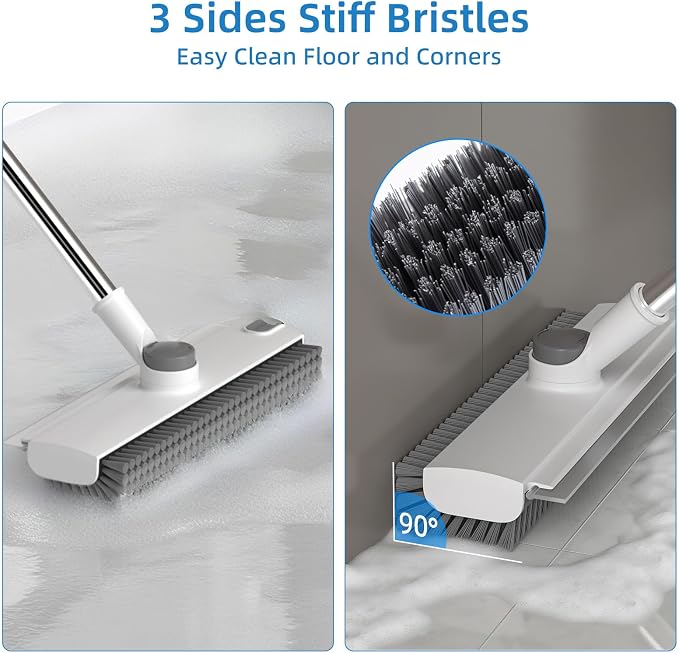 Floor Scrub Brush with Long Handle, 3 in 1 Scrape and Heavy-Duty Stiff Bristle Floor Scrubber Brush Broom with Squeegee and Tweezer for Cleaning White