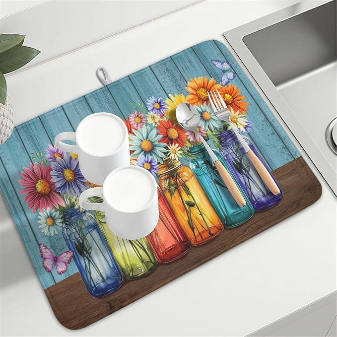Vintage Floral Dish Drying Mat for Kitchen Counter Rustic Flower Vases Wooden Board Microfiber Dish Drainer Mat Spring Summer Absorbent Washable Drying Pad Extra Large 18"x24"