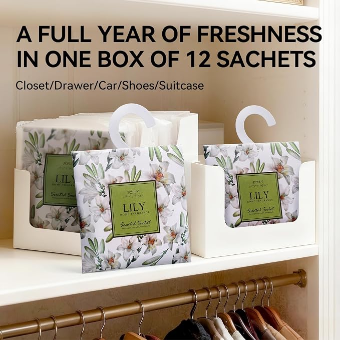 12 Pack Lily Scented Sachets, Air Freshener for Home & Small Spaces | Hanging Sachet Bags with Retractable Hook; Closet Deodorizer & Odor Eliminator for Drawers, Shoe Cabinets, Cars & Luggage