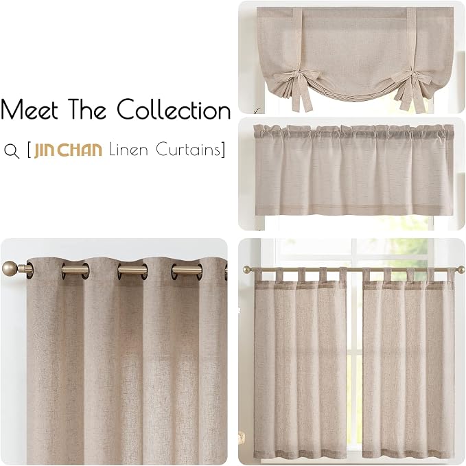 jinchan Lien Tier Curtains and Valances, 26x24, 3 Panels, Crude | Light filtering, rod pocket, cafe curtains, farmhouse, machine washable, small window decor, kitchen, laundry room, RV