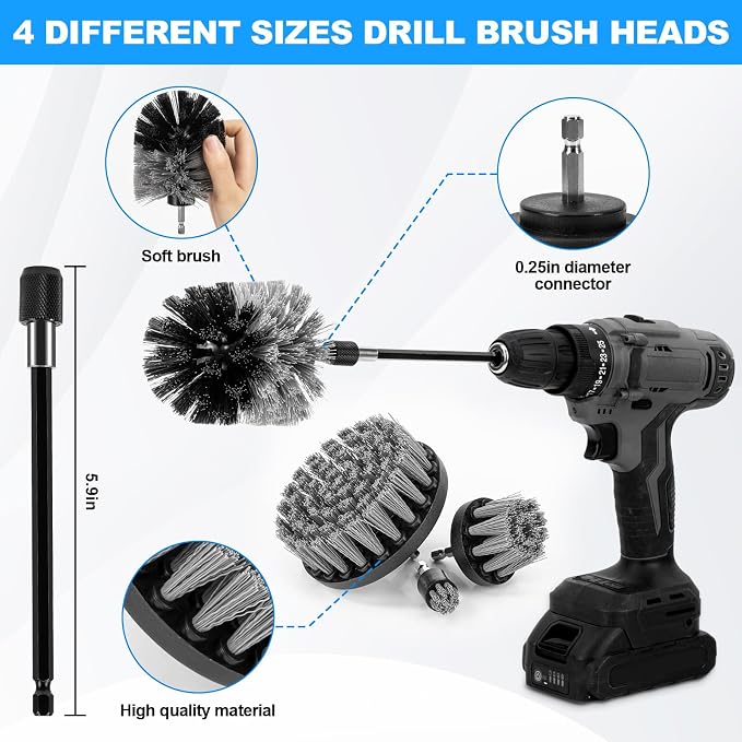 THINKWORK Car Detailing Kit with Multi-Size Drill Brushs & Extension Pole | 4 Drill Brushes, Deep Cleaning for Tires & Wheel Rims, Car Care & Cleaning Gray, Car Detailing Supplies, Gift, 27Pcs