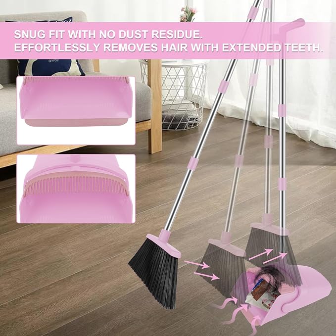Pink Broom and Dustpan Combo Set, 51" Long Handle Broom with Mini Set | Mini Set for Tables, Kitchens & Tight Spaces, Built-in Comb Dustpan, Foldable Space-Saving Storage, Multi-Surface Use