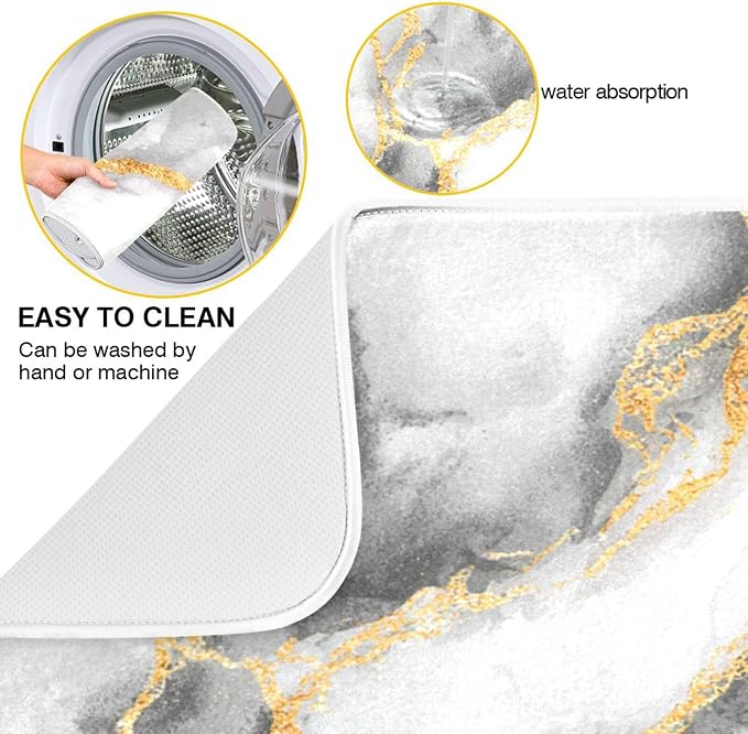 White Marble Dish Drying Mat for Kitchen Counter 16 x 18 Inch Gold Marbling Granite Absorbent Microfiber Dry Dishes Mats Drainer Mat Dish Drying Pad for Countertops