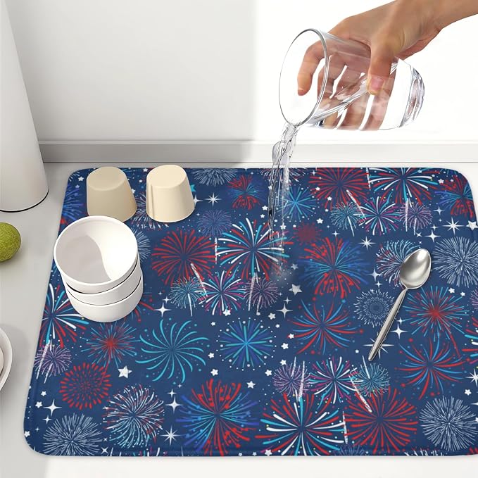 4th of July Patriotic Dish Drying Mat for Kitchen Counter 18 x 24 Inch Independence Day Dish Drainer Mat Absorbent Microfiber Firework Dish Rack Pad for Coffee Dining Bar Decor