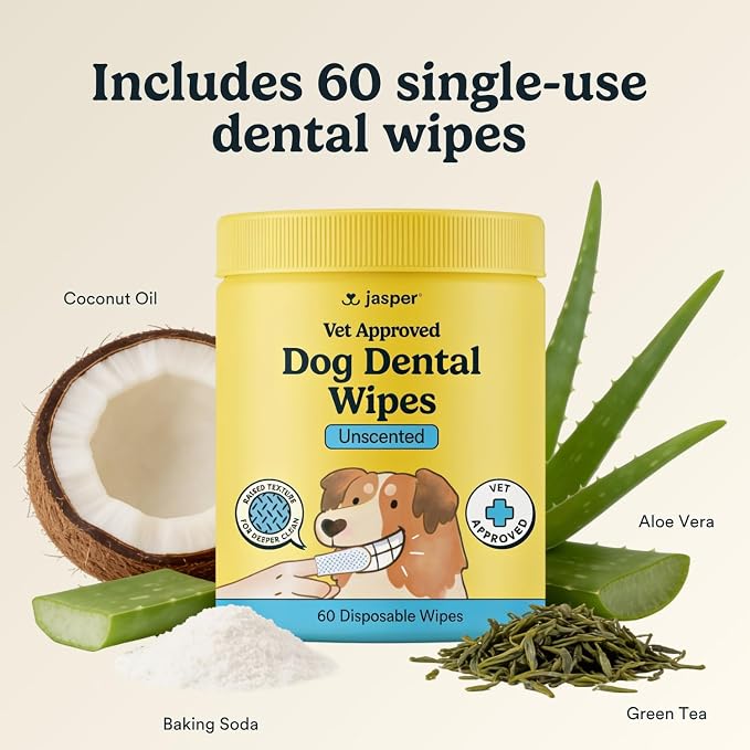 Jasper Dog Dental Wipes, Vet-Recommended Natural Cat & Dog Teeth Cleaning Wipes Dog Teeth Cleaner, Disposable Wipes Fresh Breath PlaqLift Technology Attacks Plaque and Buildup, Unscented, 60 Count