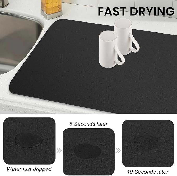 WISELIFE Dish Drying Mat Super Absorbent Drying Mat Large Dish Drying Mats for Kitchen Counter Easy Clean Dish Mat Kitchen Drying Mat18"x 32" Classic Black
