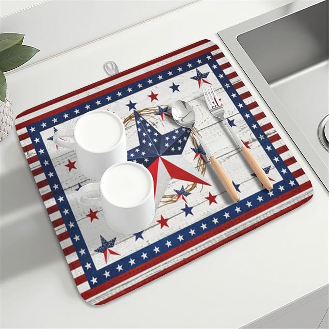 4th of July Patriotic Dish Drying Mat for Kitchen Counter Vintage Red and Blue Star Microfiber Dish Drainer Mat Country Absorbent Washable Drying Pad 16"x18"