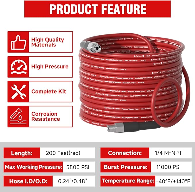 NIFUAL Sewer Jetter Kit for Pressure Washer,200FT 5800PSI Pressure Drain Cleaner 1/4 Inch NPT Corner Rotating and Button Hose Sewer Jetting Nozzle for Homeowners & DIYers (200FT)
