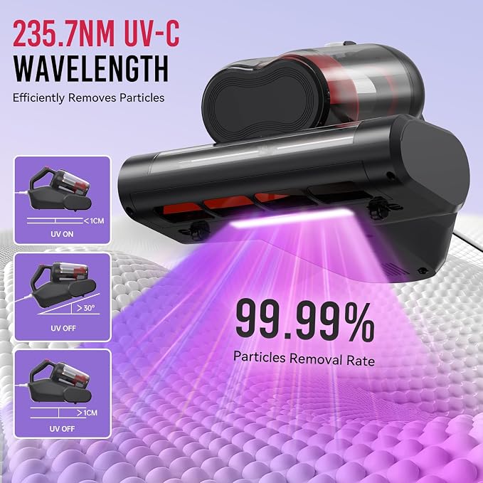 Mattress Vacuum Cleaner, 16Kpa 600W Bed Vacuum Cleaner with 253.7nm UV-C Light & 40000 RPM/Min Brushroll Rotation & Heating Tech, Widened Suction Port, Corded