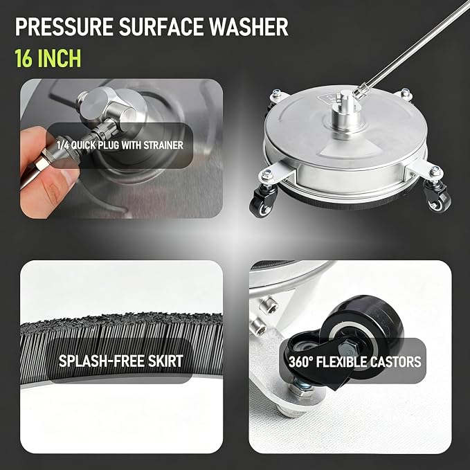 Hourleey 16" Pressure Washer Surface Cleaner, Stainless Steel Surface Cleaner with 4 Wheels for Concrete, Patio, Sidewalk, Deck, Pathway 1/4" Quick Connector, 2 Extension Wand, 4000 PSI
