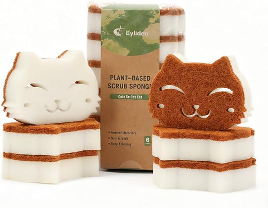 Eyliden Cat Scrub Sponges, 6 Pack, Plant-Based, Dual-Sided | Dish Sponges for Kitchen & Bathroom, Non-Scratch Cleaning for Dishes, Pots, Pans, Glassware