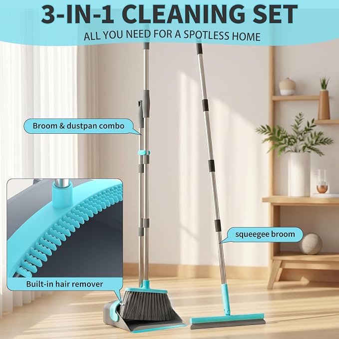 Broom with Dustpan Combo Set, Silicone Broom,Long Handle Broom with Upright Standing Dustpan, Squeegee - Broom for Indoor Cleaning 2+1,for Indoor Outdoor,Smooth Floors, Rugs