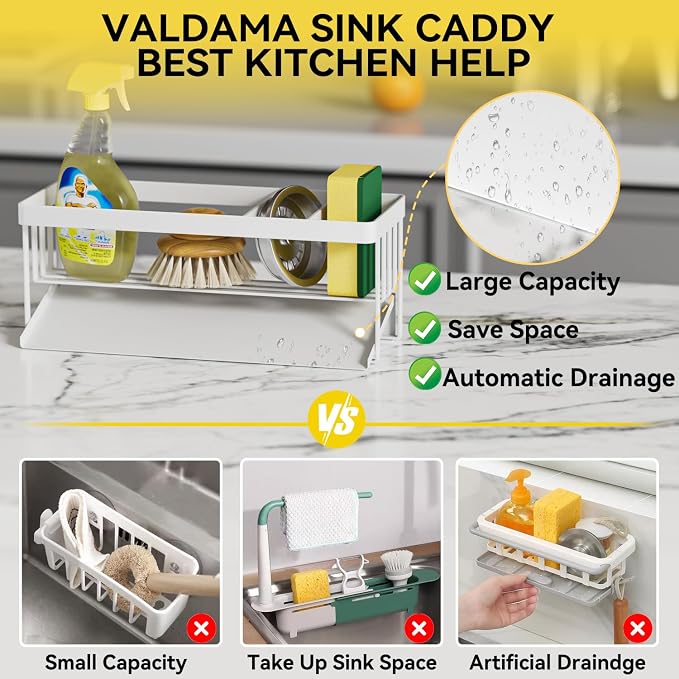 Kitchen Sink Caddy Organzier with Sponge Holder and Removable Drip Tray for Kitchen Sink, 304 Stainless Steel Organize for Sponge Soap Dish Brush Storage Accessories(White)