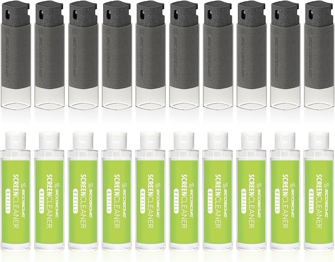 Scosche SCOCLNR 2-in-1 Streak-Free Screen Cleaning Kit, Refillable Electronic Screen Cleaner Spray and Wipe for TV, Computer, Phone, iPhone, iPad, Laptop, MacBook, Car Touchscreen, 10 Pack