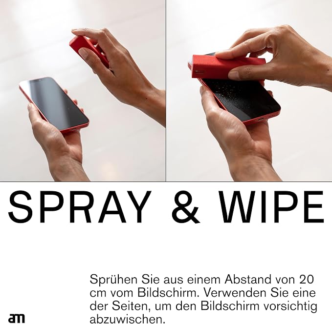 am Mist Screen Cleaner Spray with Microfiber Cloth – Alcohol-Free Pink | Mist screen cleaner with integrated microfiber cloth for phones, tablets, laptops, TVs and car displays.