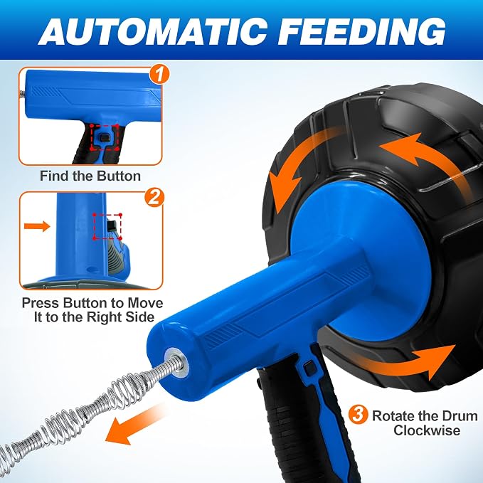 Drainsoon Auto Feed Drain Auger with Drill Adapter, 33 Feet Drain Snake Hair Clog Remover, Manual or Powered Plumbing Snake Drain Cleaner for Bathroom, Shower, Kitchen Sink, Comes with Gloves