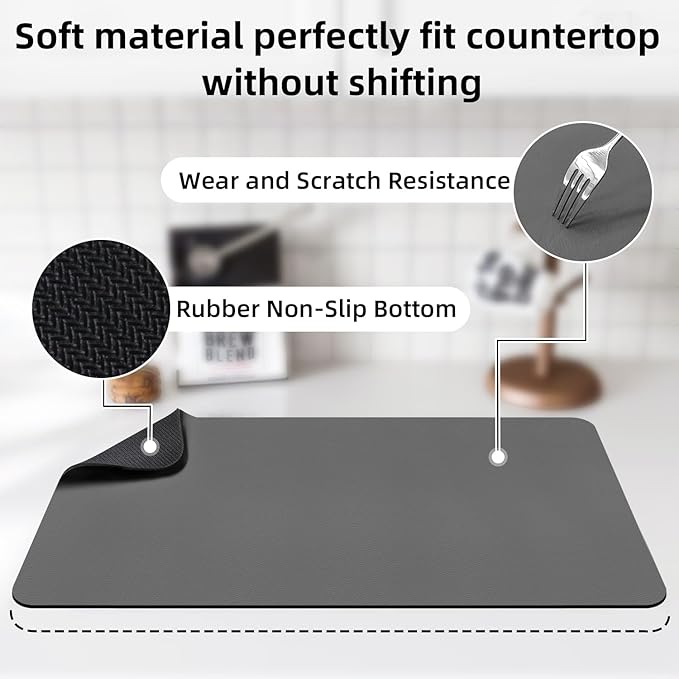 LOPNUR Kitchen Dish Drying Mat, 24"x16" Large Dish Drying Mats for Kitchen Counter, Diatomite Coffee Mat, Super Absorbent Dish Drying Pad, Heat Resistant Mat with Anti-slip Rubber Backed, Grey
