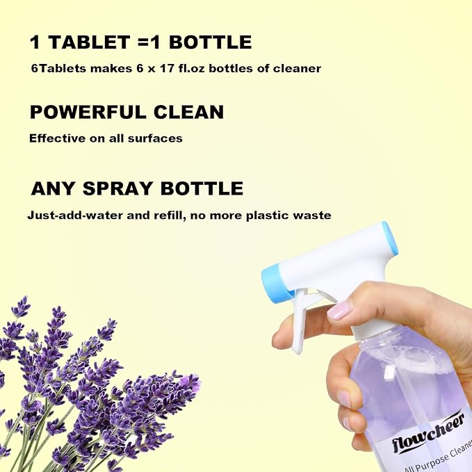 flowcheer Multi Surface Cleaner Refills - 6 Pack All Purpose Cleaning Refill Tablet-Makes 96 fl oz Bottles of Spray Cleaner for Household&Kitchen Cleaning (Lavender-6pc)