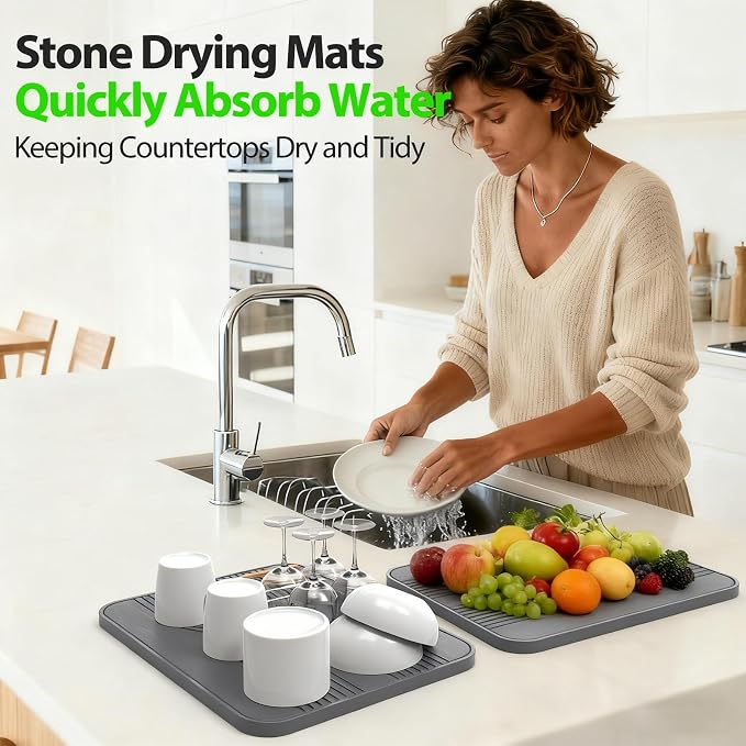 2 PCS Stone Dish Drying Mat ＆ Silicone Mat for Kitchen Counter – Diatomaceous Earth Bath Mat for Bathroom, 16.14"L×12.4"W×2 Quick Dry Mats for Dishes ,Bottles, Cups, Match Any Countertop(Gray)