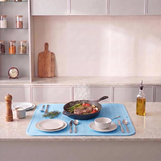 MicoYang Silicone Dish Drying Mat for Multiple Usage,Easy clean,Eco-friendly,Heat-resistant Silicone Mat for Kitchen Counter or Sink,Refrigerator or Drawer Liner Light Blue 4XL 32 inches x 18 inches