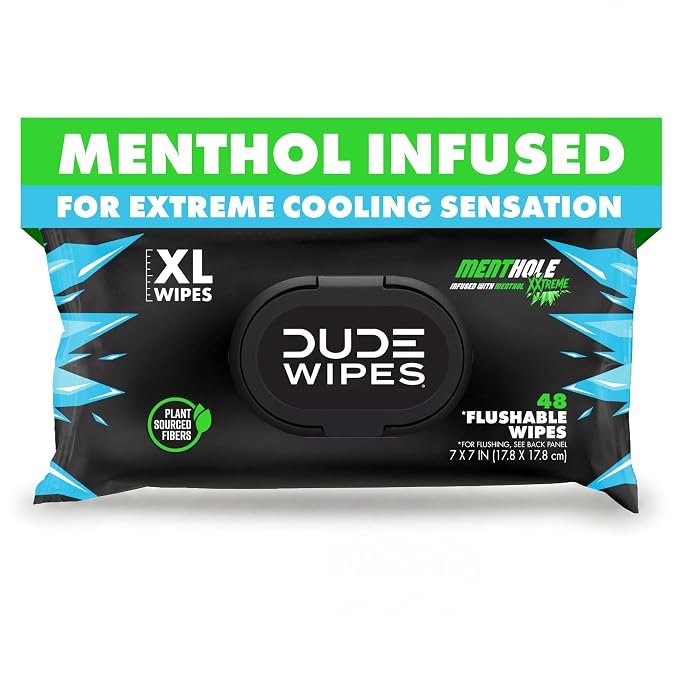 DUDE Wipes MentHOLE XXtreme Flushable Wipes - Menthol Infused Extra-Large Adult Wet Wipes - 1 Pack (48 Count), Travel Pack - Infused with Menthol for a Cooling Sensation - Septic and Sewer Safe