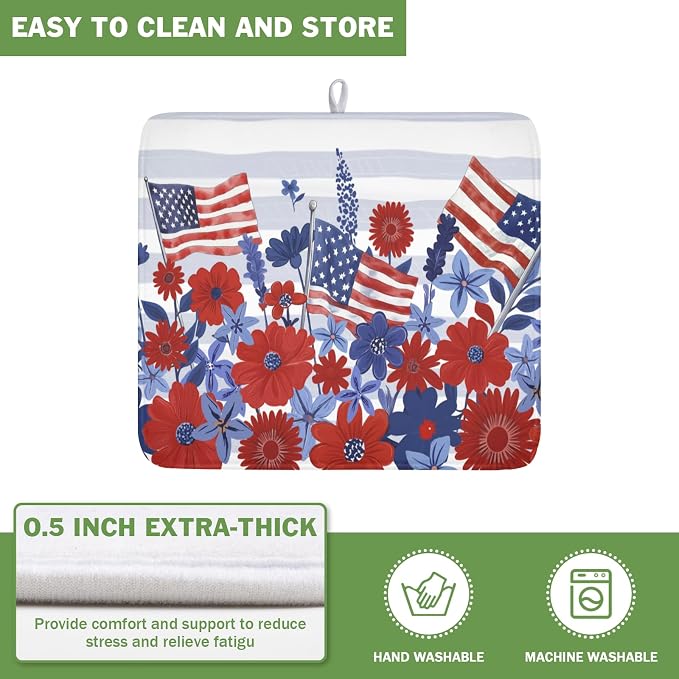 Patriotic Floral Dish Drying Mat for Kitchen Counter 4th of July American Flag Microfiber Dish Drainer Mat Red and Blue Flower Absorbent Washable Drying Pad 16"x18"