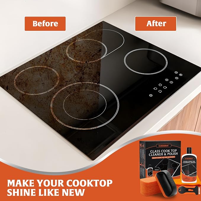 AWEASROY Glass Stove Top Cleaner Kit 12 oz, Cooktop Cleaner and Polish Non-Abrasive No Scratch Removes Tough Stains, with Scrubbing Pad, Handle, Scraper, Cloth