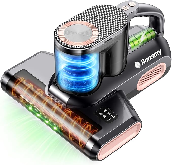 Amzany Mattress Vacuum Cleaner, 18Kpa Cordless Bed Vacuum with 253.7nm UV-C Light, 140°F Heat, HEPA Filter & Ultrasonic, Green Light Display & 52800 BPM Tapping for Bed Sofa Couch Pet Hair