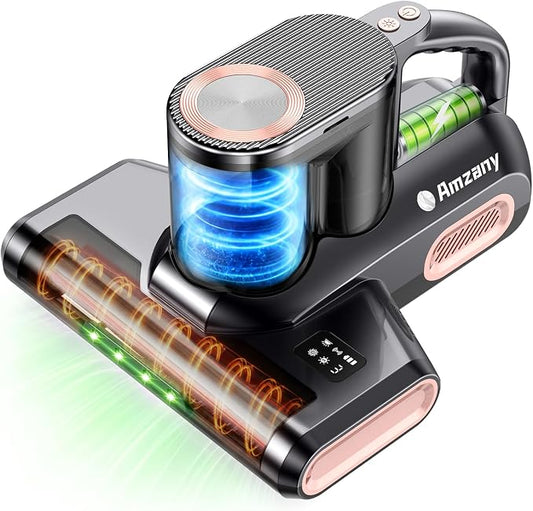 Amzany Mattress Vacuum Cleaner, 18Kpa Cordless Bed Vacuum with 253.7nm UV-C Light, 140°F Heat, HEPA Filter & Ultrasonic, Green Light Display & 52800 BPM Tapping for Bed Sofa Couch Pet Hair