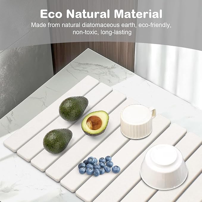 2Pcs Large Stone Dish Drying Mat for Kitchen Counter, Foldable Super Absorbent Diatomaceous Earth Mats with Anti-Slip Leather Base, Quick Drying Modern Dish Mat (White, 24"x 16" & 8"x 4" )