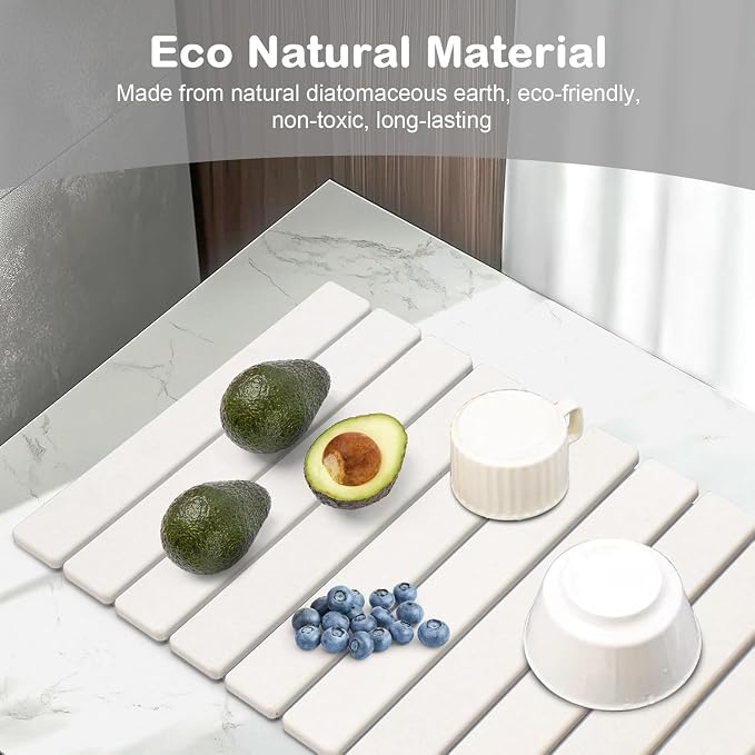 Large Stone Dish Drying Mat for Kitchen Counter, Quick Dry Dish Drying Mats, Foldable Absorbent Diatomaceous Earth Mats for Plate Rack Bottles Cups, Match Any Countertop (White 24"×16" & 8"x4")