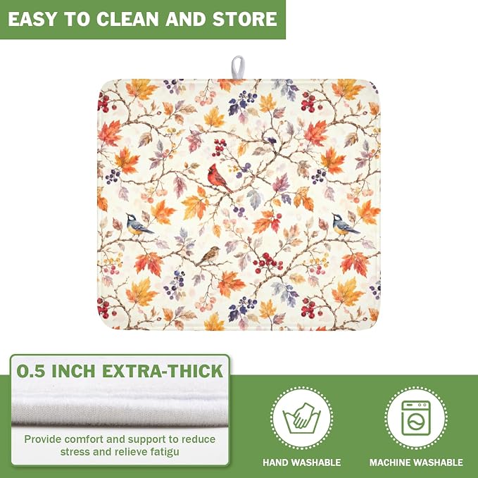 Fall Dish Drying Mat for Kitchen Counter Autumn Harvest Watercolor Maple Leaves Birds Dish Drainer Mat Rustic Farmhouse Absorbent Washable Drying Pad 16"x18"