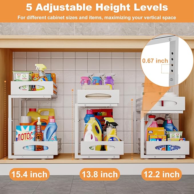 Under Sink Organizer, 2 Tier Under Sink Organizers and Storage, Adjustable Height, Slide out Metal Cabinet Organizers, Pull out Cabinet Storage Drawer Shelf for Kitchen Bathroom (White, 1 Pack)