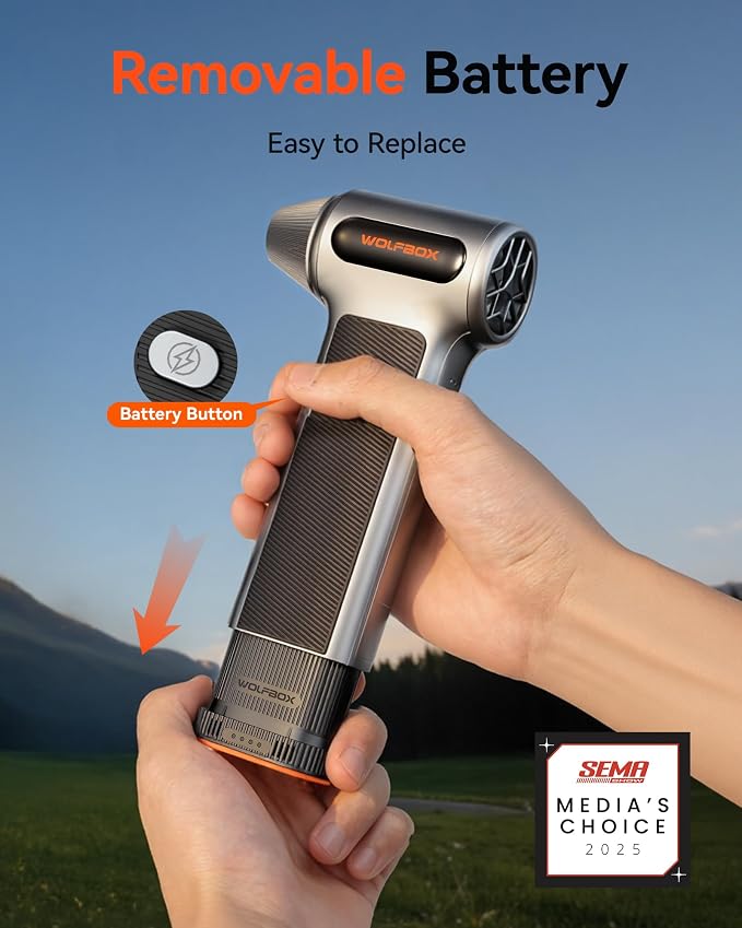WOLFBOX MF200 Compressed Air Duster, Removable Battery, Car Cleaning, Home | 4 Nozzles, Cordless, 3-Speed Adjustable, Mini Blower, Computer Keyboard, Outdoor Use, 0.85 lb Portable, 2 Brushes