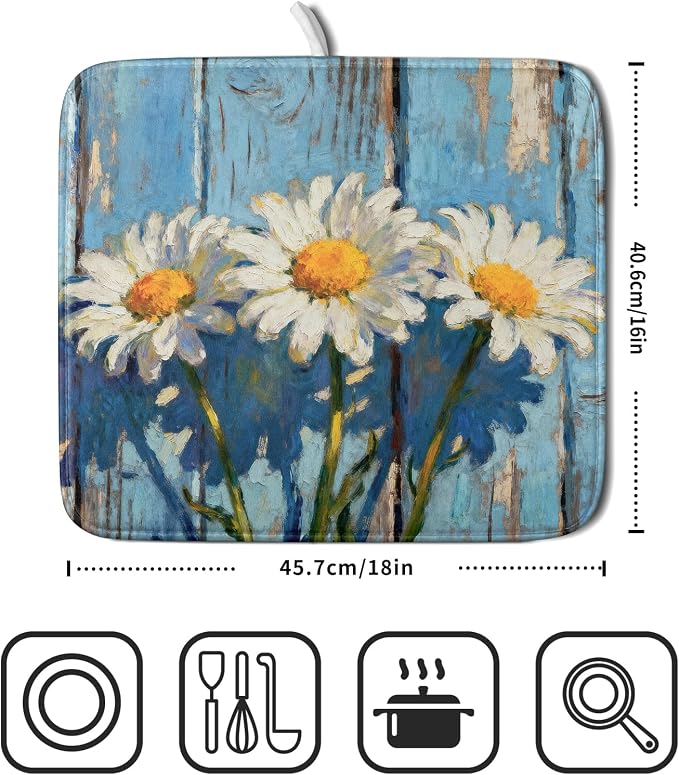 Daisy Dish Drying Mat Small for Kitchen Counter 16x18, Spring Summer Cute Flower Decorative Absorbent Reversible Microfiber Kitchen Countertop Protector Dishes Drainer Pad