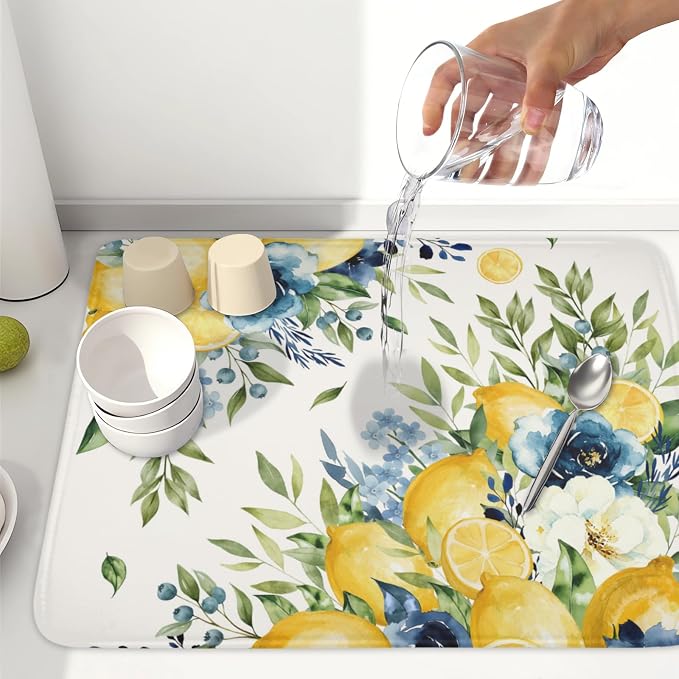 Blue Floral Camellia Lemon Dish Drying Mat 18x24 Inch | Polyester，Absorbent Microfiber，for Kitchen Coffee Dining Bar Decor