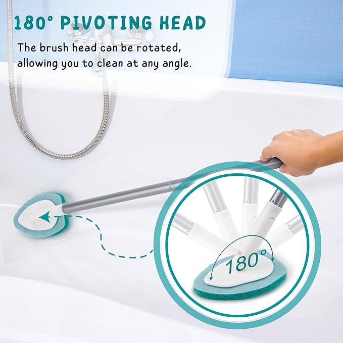 Shower Scrubber with Long Handle, 47'' Bathtub Scrub Brush, Bathroom Tub and Tile Cleaning Tool with 6 Refill Pads