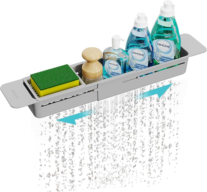 NiHome Extendable Sink Kitchen Organizer, Extra Long Telescopic Brush Storage Rack for Sponge, Non-Slip Pads Expandable Sink Caddy, Adjustable Sponge/Brush Rack with Drainage Durable ABS (Gray)