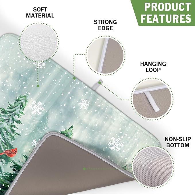 Welcome Winter Pines Tree Dish Drying Mat, Winter Snowflake Dish Drying Mat for Kitchen Counter, Red Birds Absorbent Fast Dry Dish Drainer Mat Protector Xmas Microfiber Dish Drying Pad 16"x18"
