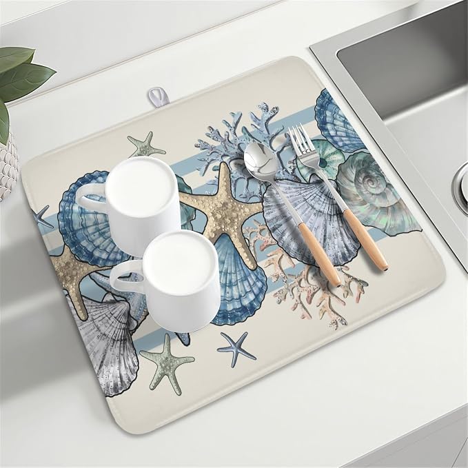 Nautical Coastal Dish Drying Mat for Kitchen Counter Summer Beach Seashell Starfish Microfiber Dish Drainer Mat Ocean Blue Pattern Absorbent Washable Drying Pad Extra Large 16"x18"